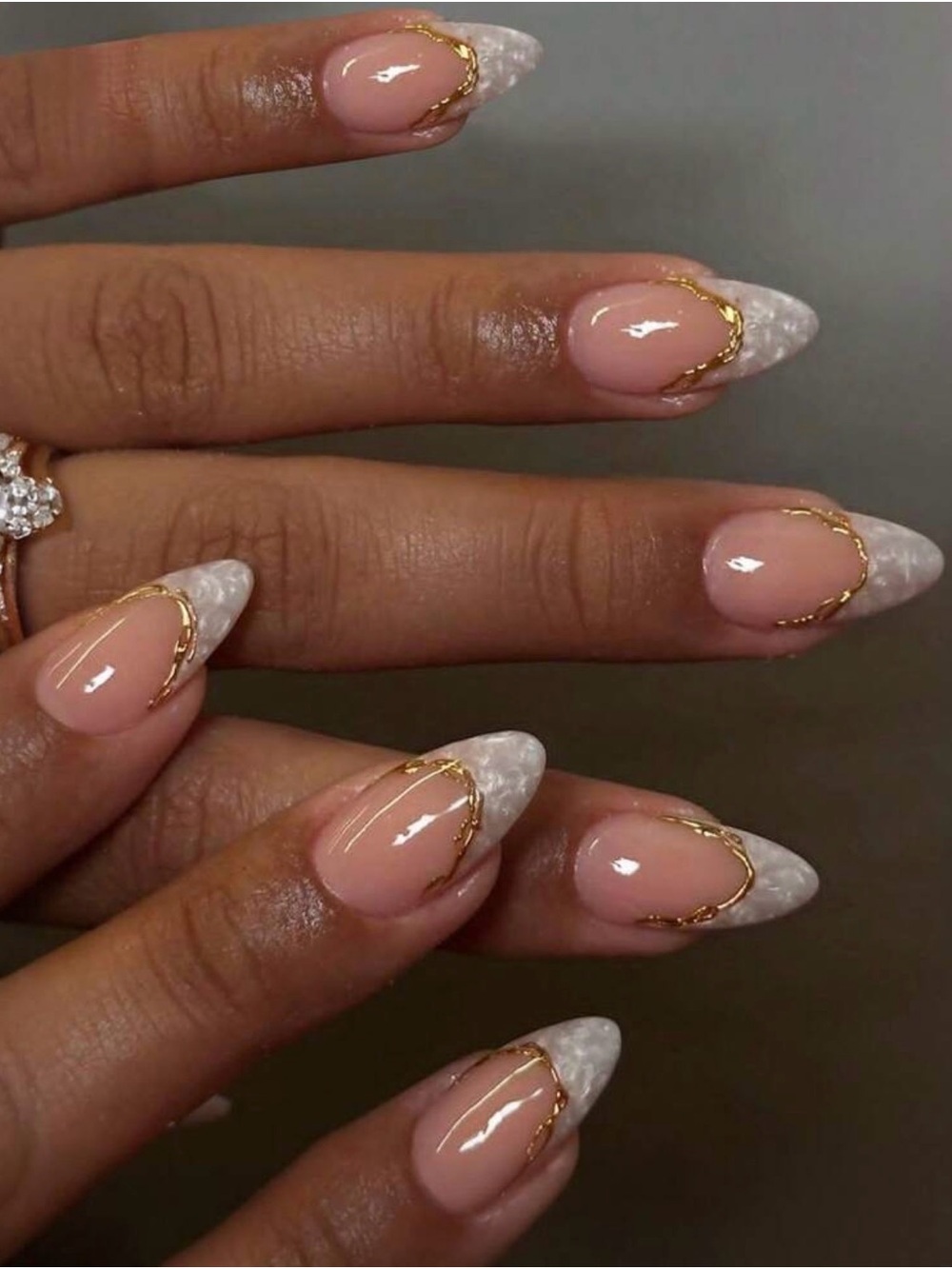 Nude Pink & White Marble Almond Nail Set with Gold Accent